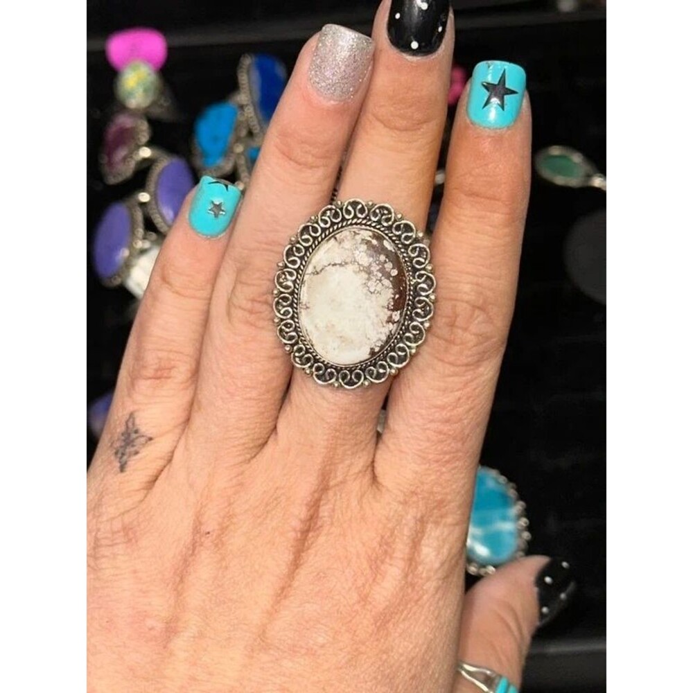 White Buffalo Oval Sterling Silver Overlay Ring Size 8